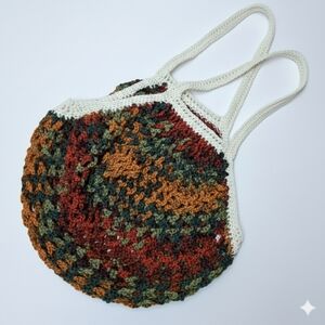 Handmade Camo Farmers Market Bag Crochet French Net Sack Cotton Grocery Beach